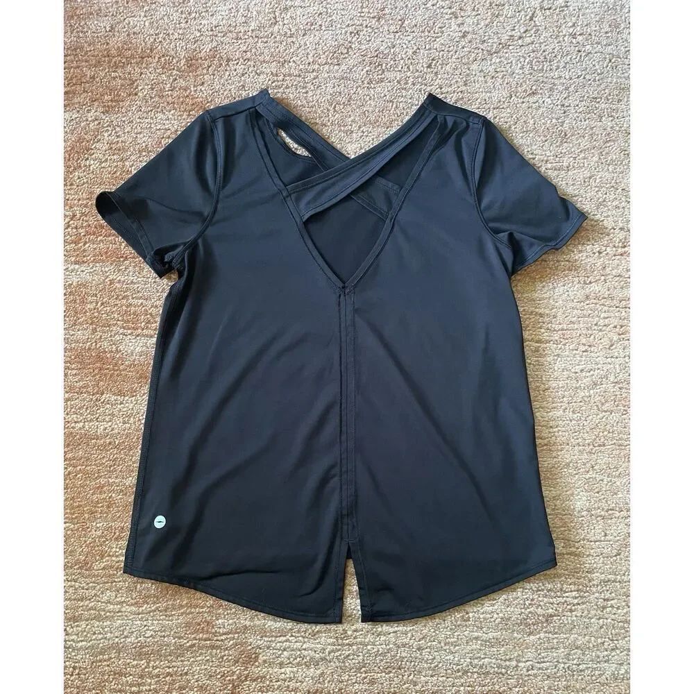 Avia Black Activewear Top L Cross Back Slit Hem Recycled Stretch Tee